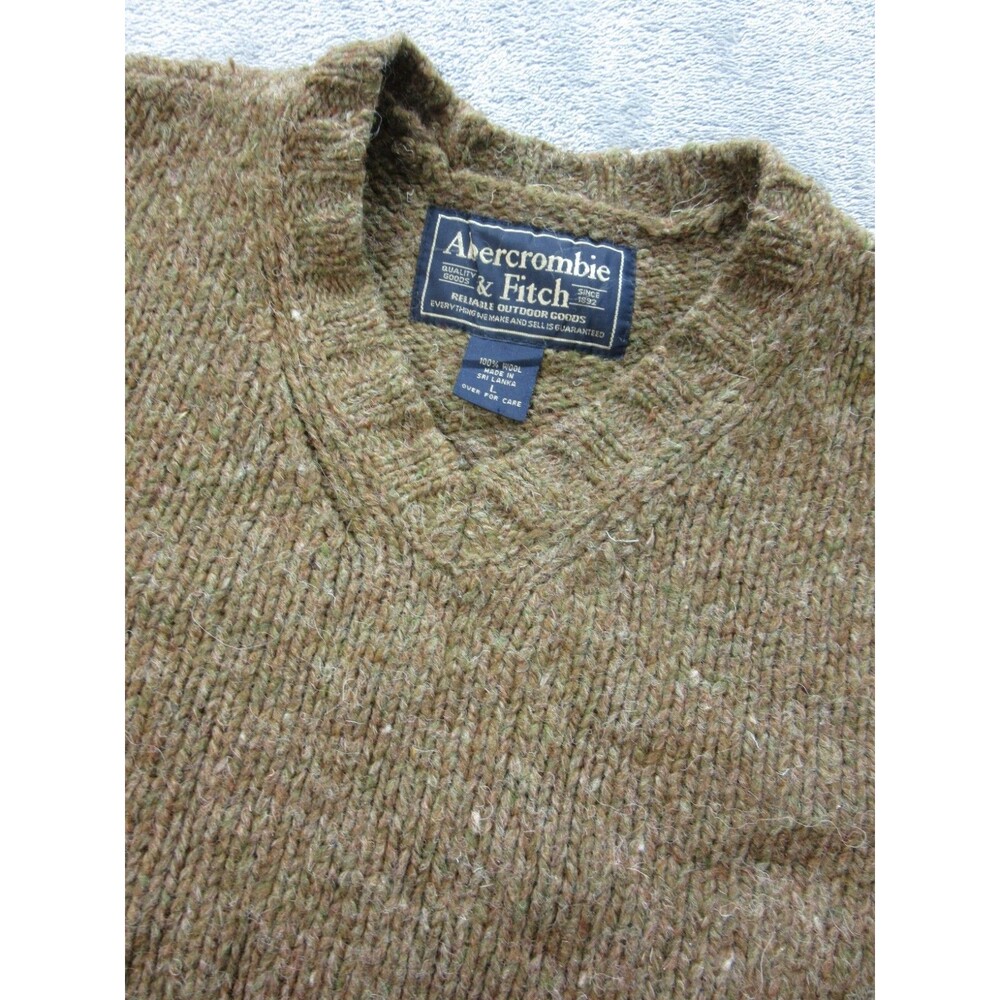 Vintage Abercrombie & Fitch Sweater Mens Large 100% Wool V-Neck Beige Long Slv